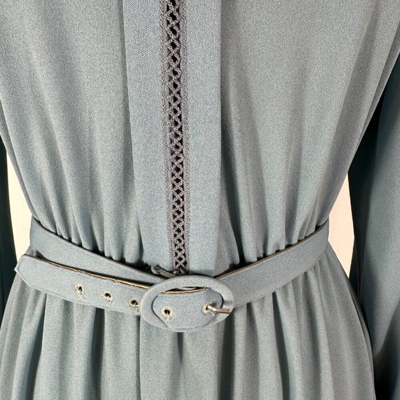 Vtg 80s David Warren Mock Neck Belted Waist Midi Dress Gray Sz 10 Long Sleeve - Picture 4 of 15